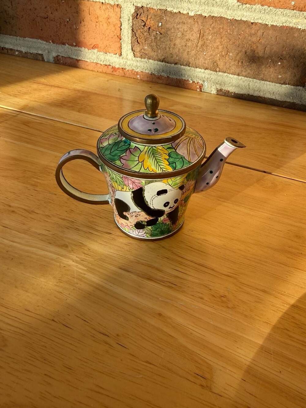 Kelvin Chen 1999 Miniature Enamel Teapot No. 803 Panda and Colorful Leaves